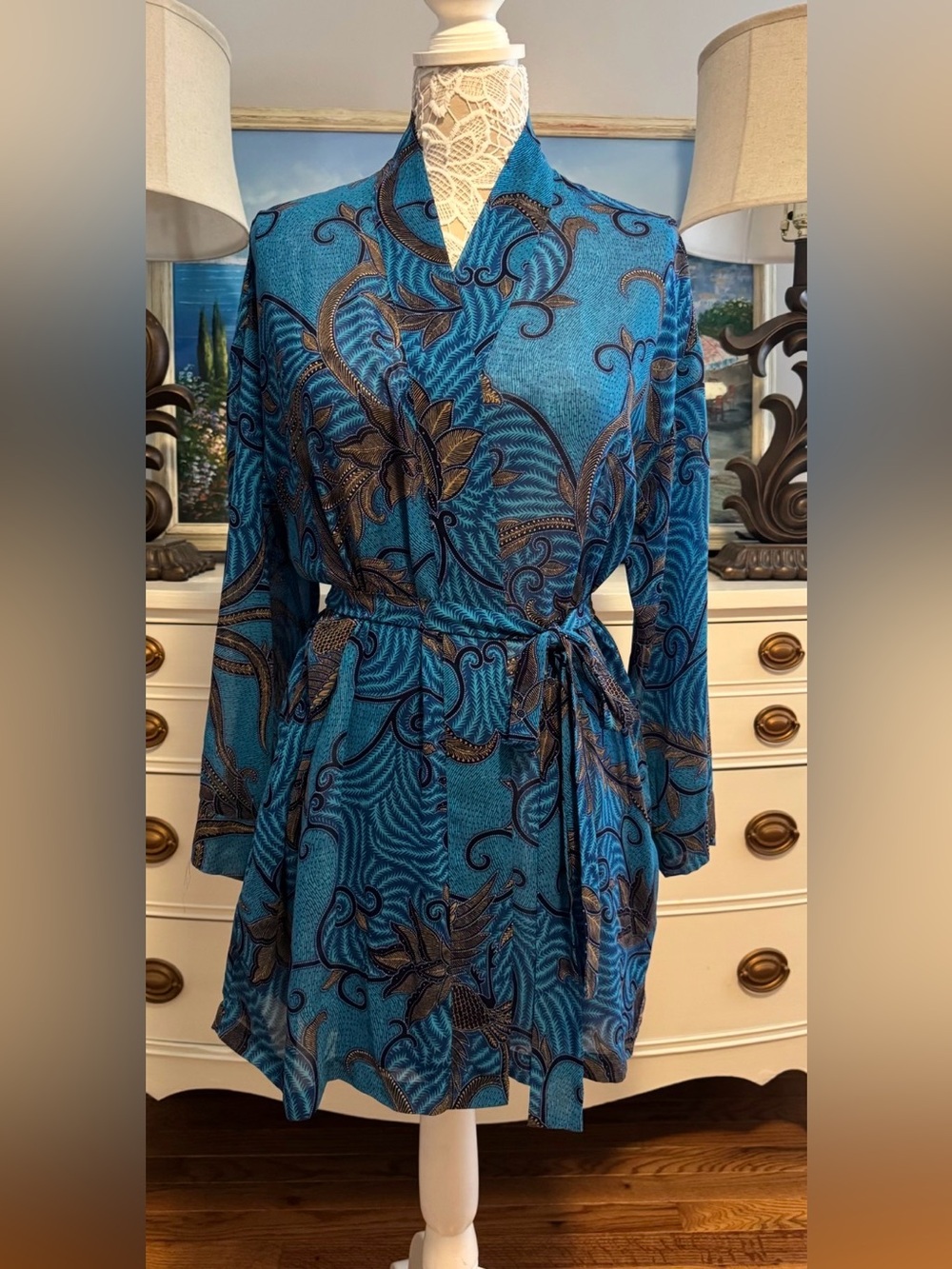Victoria's Secret Blue Paisley Floral Kimono Robe  tie One Size